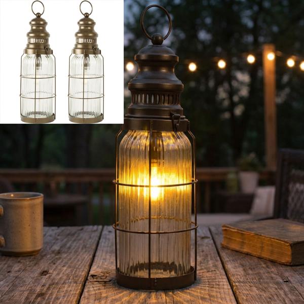 set di 2 eleganti lanterne a LED dal look vintage, bronzo-marrone, H38cm - a batteria, per un‘illuminazione nostalgica dal design industriale