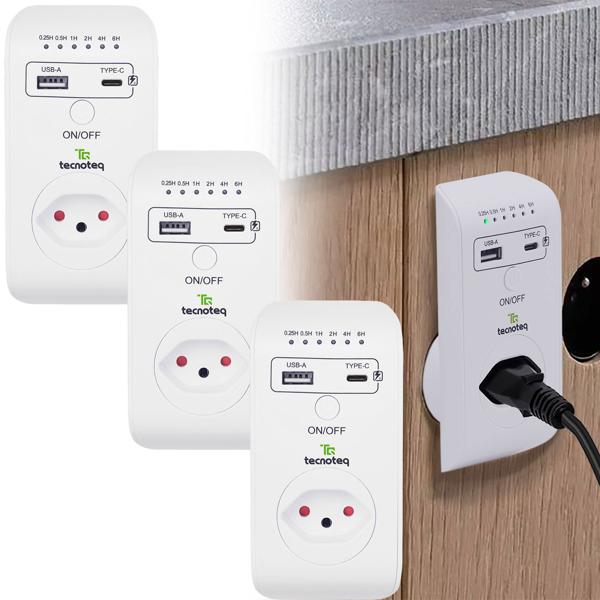 3er-Set Steckdose mit 2x USB-Ladeport (3.1A) - Timer & Überspannungsschutz - Schweizer Edition, Kinderschutz, max. 2300W/10A