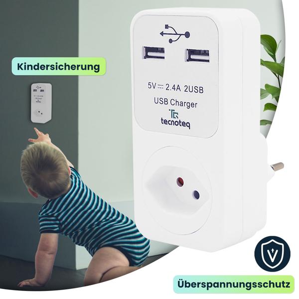 2er-Set Steckdose mit 2x USB-Ladeport 2.4A Überspannungsschutz, Swiss-Edition