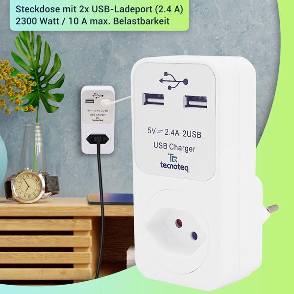 3er-Set Steckdose mit 2x USB-Ladeport 2.4A Überspannungsschutz, Swiss-Edition