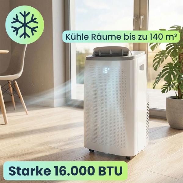 Mobile leistungsstarke Klimaanlage, Exzellente Kühlleistung 16.000 BTU, mit Entfeuchter, App-Steuerung, Energieklasse A, Klimagerät in weiss