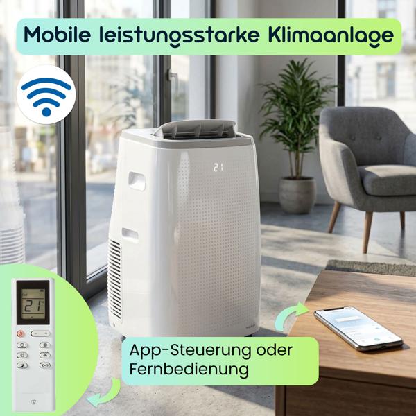 Mobile leistungsstarke Klimaanlage, Exzellente Kühlleistung 16.000 BTU, mit Entfeuchter, App-Steuerung, Energieklasse A, Klimagerät in weiss