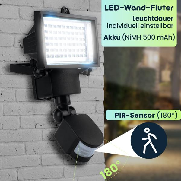 Solar LED Wand Fluter für aussen, PIR-Sensor 180° , 12 W, besonders helle 750 Lumen, IP44, völlig autark dank Solarpanel, angenehmes weisses Licht