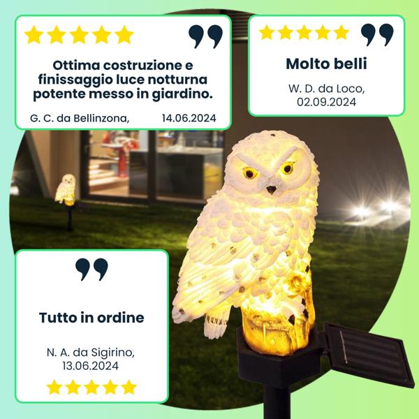 Gufo luminoso da giardino a LED con batteria ricaricabile e pannello solare, set economico di 3 pezzi, resistente alle intemperie e al tempo, sensore crepuscolare, efficace fonte di luce per giardino e balcone