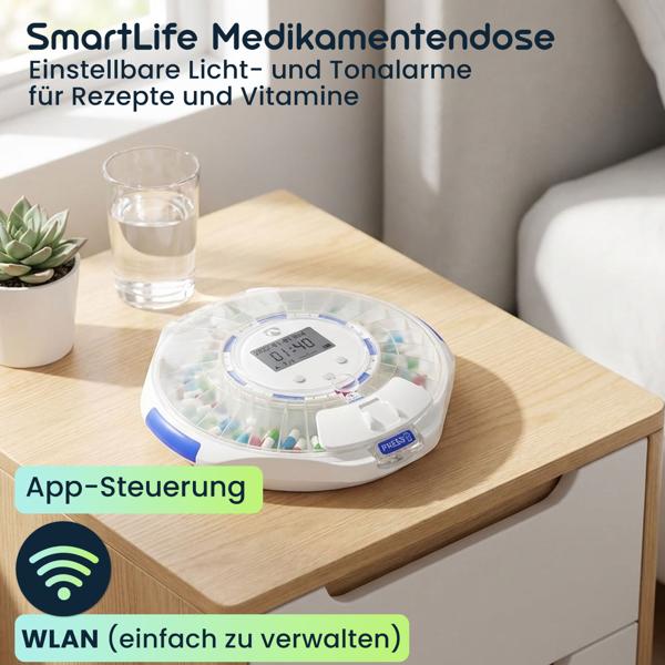 SmartLife Medikamentendose, WLAN, App Steuerung/Überwachung, 28 Fächer, LCD-Display - Nie mehr Pillen vergessen - Top-Sicherheit + Kontrolle