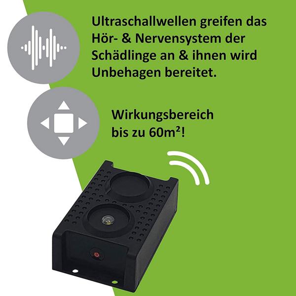 LED Mardervertreiber - Ratten- & Mäusefrei mit Blitzlichtfunktion - Ultraschall 12-24 kHz Wechselfrequenz - Schutz für Auto, Haus & Garage bis 60m²