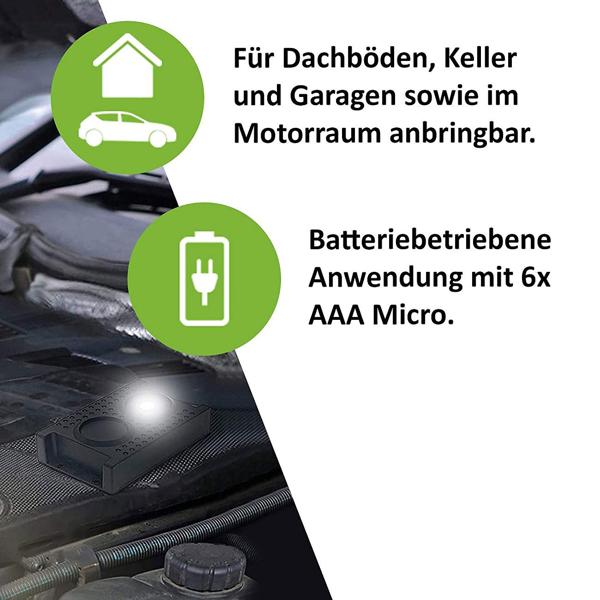 LED Mardervertreiber - Ratten- & Mäusefrei mit Blitzlichtfunktion - Ultraschall 12-24 kHz Wechselfrequenz - Schutz für Auto, Haus & Garage bis 60m²