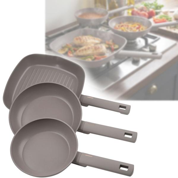 3-piece design pan set (taupe) - Frying pans 20+24cm, grill pan 28cm - Forged aluminum, titanium, soft-touch - High-quality & robust