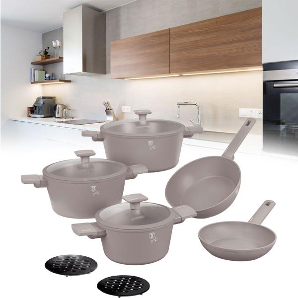 Design cooking set incl. trivet, aluminum, 10-piece, titanium non-stick coating, taupe, suitable for all types of stoves