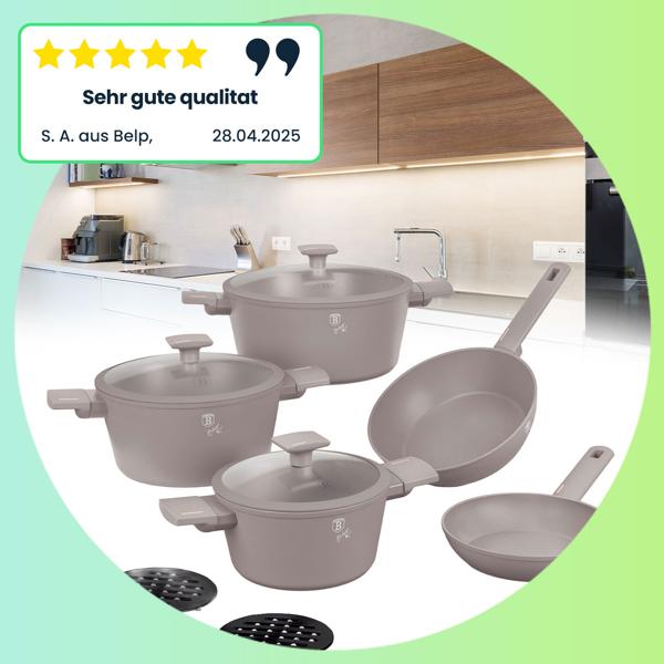 Design Kochset inkl. Untersetzer, Aluminium, 10-teilig, Titan Antihaftbeschichtung, taupe, für alle Herdarten geeignet