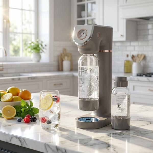 Sparkling water maker in designer look, taupe, with 2 BPA-free bottles & barometer: for sparkling drinks, stylish & practical for every household