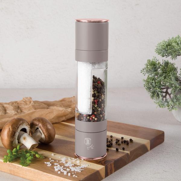 2in1 salt & pepper mill: matt taupe, designer spice mill - Stylish & practical - Grinds salt & pepper at the same time - Eye-catcher for every kitchen