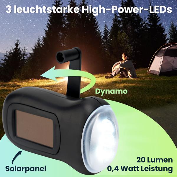 Praktische LED-Dynamo-Taschenlampe mit Handkurbel und Solarpanel, 3 High Power LEDs, 20 lm, Li-Ion-Akku, ideal bei Camping, Reisen, Outdoor