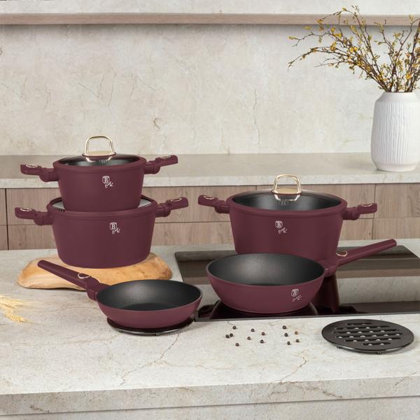 Design cooking set incl. trivet, aluminum, 10-piece, titanium non-stick coating, bordeaux, suitable for all types of stoves