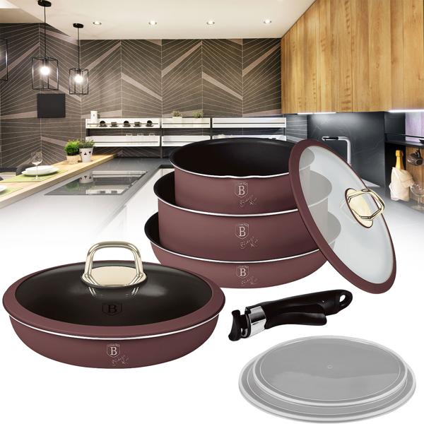 High-quality aluminum pan set, Bordeaux, titanium coating - removable handle, smart lids & glass lid, elegant design