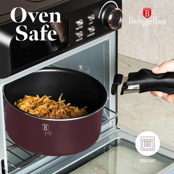 High-quality aluminum cooking set, 12-piece, Bordeaux, titanium coating - removable handle, smart lids & glass lid, elegant design