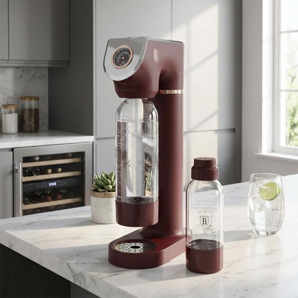 Design-look sparkling water maker, bordeaux, with 2 BPA-free bottles & barometer: for sparkling drinks, stylish & practical for every household
