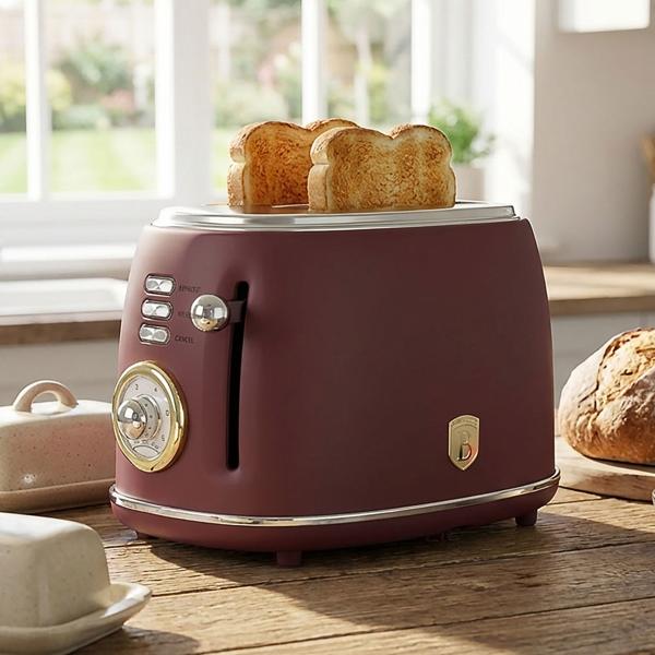 Elegant aluminum design toaster, bordeaux matt, powerful 850W - 6 toasting levels, nostalgic look, high-quality breakfast toaster