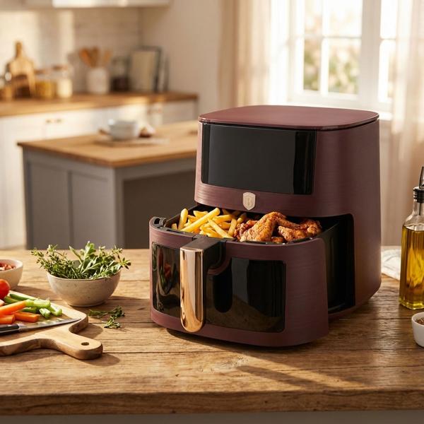 Modern hot air fryer (8 liters, Bordeaux) - 8 programs, keep warm function, touch display, viewing window - Convenient operation & perfect results