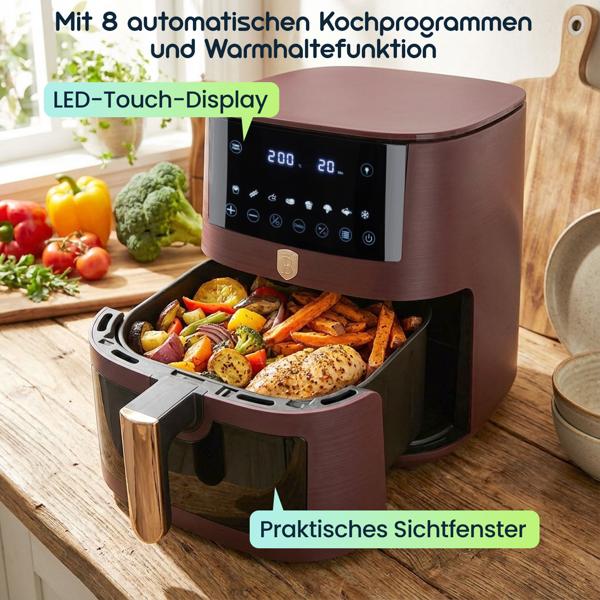 Moderne Heissluftfritteuse 8L mit Sichtfenster – Air Fryer mit 8 Programmen, Timer & Touch-Display – Stilvolles Bordeaux-Design
