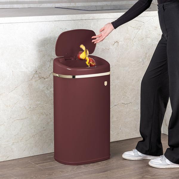 High-quality metal design waste garbage can, with 58 liter capacity and touch sensor, elegant matt bordeaux - gold look, sturdy frame and lid