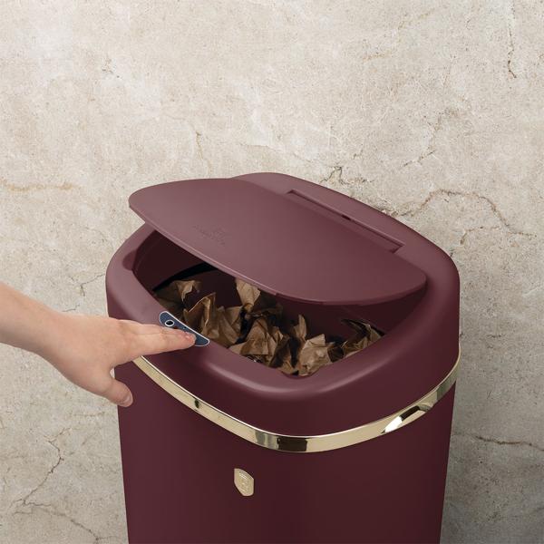 High-quality metal design waste garbage can, with 58 liter capacity and touch sensor, elegant matt bordeaux - gold look, sturdy frame and lid