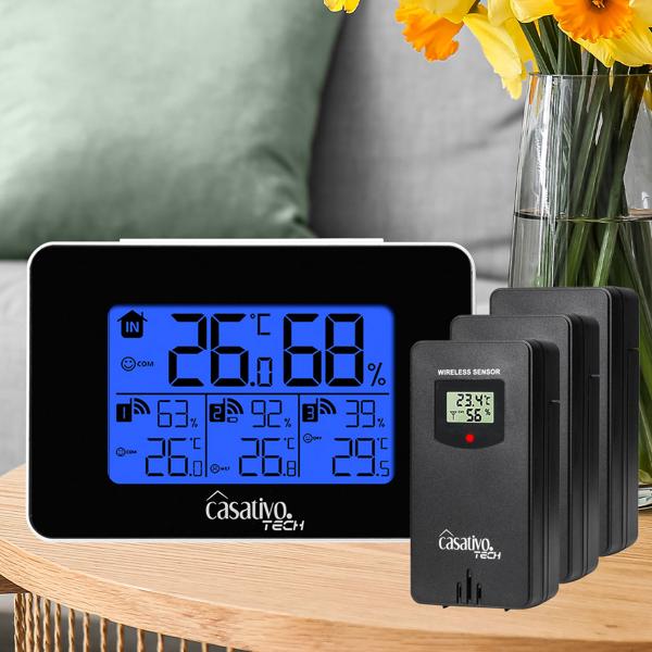 WLAN-Wetterstation mit 3 Funksensoren, LCD Display – Temperatur, Hygrometer, Wettertrends & Heiz-/Lüftungsempfehlungen für Ihr Wohlbefinden