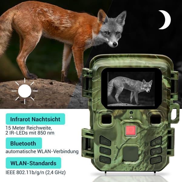 WiFi 2K wildlife camera with motion detector, night vision, time-lapse & continuous shooting, IPX5