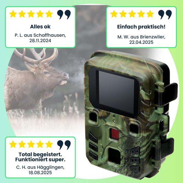 Wildkamera 2K WLAN, Bewegungsmelder, Nachtsicht, Live View per App, Farbdisplay, Mikro, Bluetooth, Zeitraffer- & Serienbild, Stand-By 6 Mo, IPX5