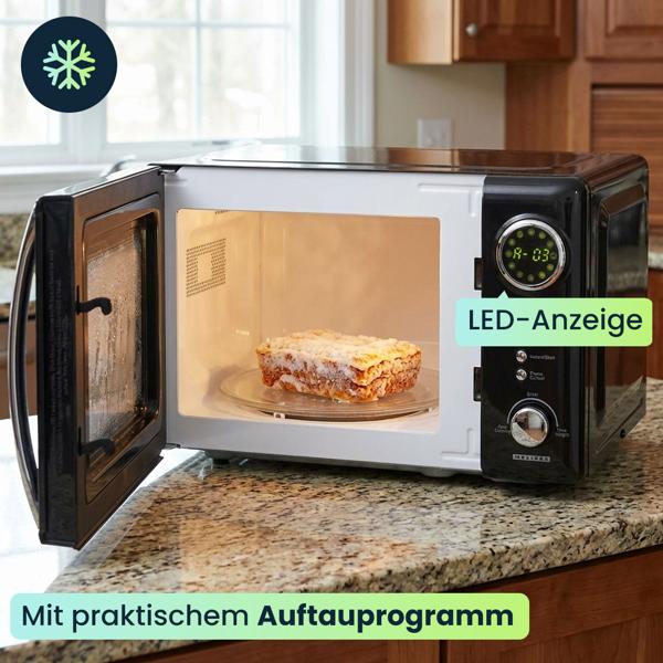 Stylische Vintage-Mikrowelle, 20 Liter, 700 Watt, 5 Stufen, schwarz. Robuster Retro-Mikrowellenofen, ideal für den modernen Küchen-Look