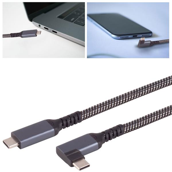 Set da 3 cavi di ricarica rapida USB-C su USB-C con connettore angolato 90°, nero/bianco, 2 m, tessile