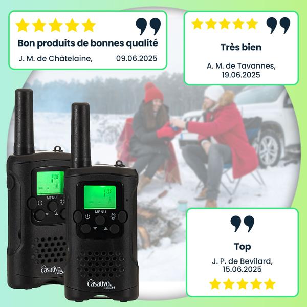 4 talkies-walkies professionnels avec clip de ceinture et lampe de poche, 10 km de portée, 8 canaux, station de chargement, 8 heures d’autonomie