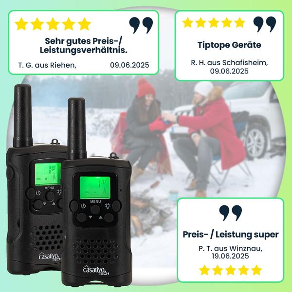 4er-Set Profi Akku-PMR-Funkgerät, Gürtelclip & Taschenlampe, Walkie Talkie mit 10km Reichweite, 8 Kanäle, Ladestation, 8 Stunden Sprechzeit