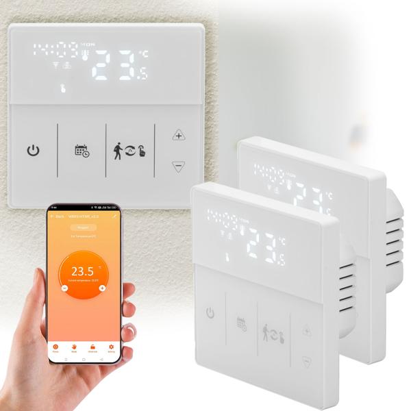 2 Thermostats Wi-Fi Connectés Chauffage au Sol - Contrôle App & Vocal, Touches Tactiles, Écran LCD Blanc - Smart Life/Tuya, 3 Modes, Capteurs