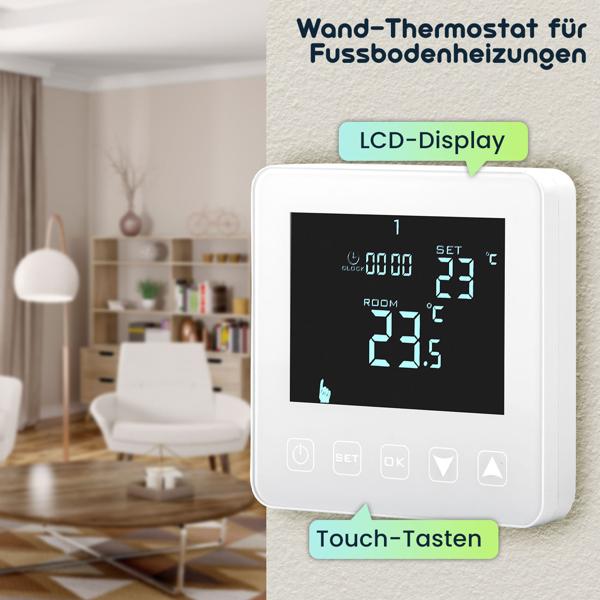 4er-Set Wandthermostat für Fussbodenheizung - Programmierbar mit Touch-Tasten, LCD-Display & Urlaubsmodus - Frostschutz-Automatik, 230V