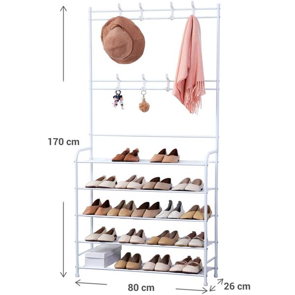 Coat rack with shoe rack, white, 170x80cm - 2-in-1 solution, space-saving coat rack with shoe rack, functional
