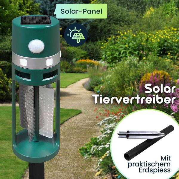 Solar Tiervertreiber mit Erdspiess und Bewegungssensor, Ultraschall und Lichtblitze, vertreibt Hunde, Katzen, Füchse, Vögel sowie Ratten und Mäuse