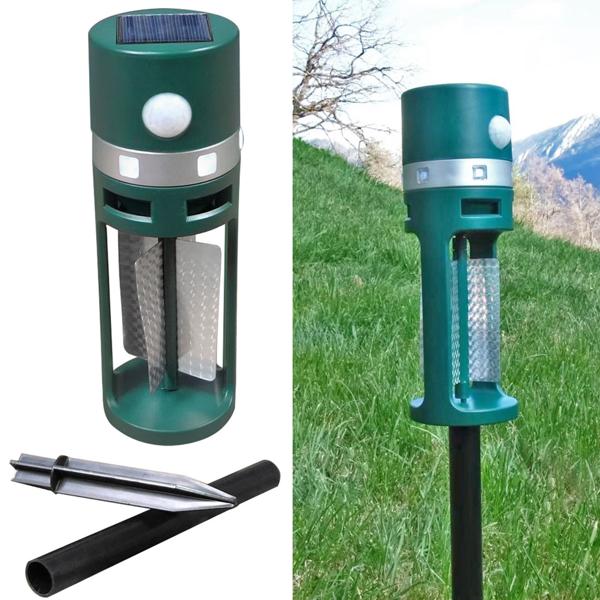 set of 3 solar animal repellers with ground spike and motion sensor, ultrasound and flash of light