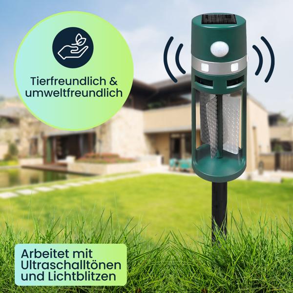 3er-Set Solar Tiervertreiber mit Erdspiess und Bewegungssensor, Ultraschall und Lichtblitz