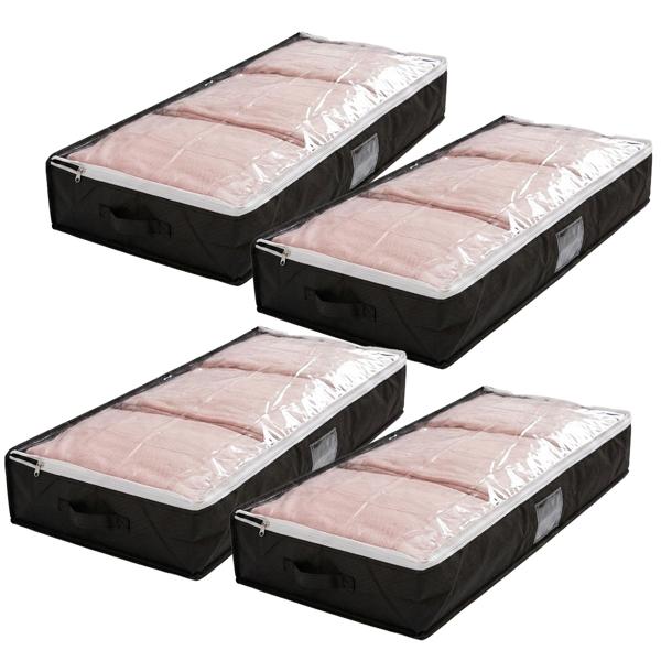 4er-Set Unterbettkommode mit Sichtfenster & Handgriff – extra Stauraum für Bettwäsche & Kleidung – 100x45x16cm schwarz – Schutz vor Motten & Staub