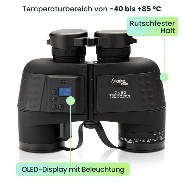 Premium Marine-Fernglas m. OLED-Display, wasserdicht IPX 7, 131 m Sehfeld, Entfernungs- und Grössenberechnung, 360°-Digitalkompass