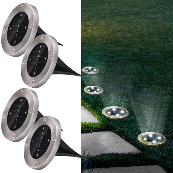 12er-Set Solar Bodenleuchte - Edelstahl mit Erdspiess - 4x SMD LED - Bis zu 8h Leuchtdauer - Ø 12x13 cm - Ideal für Gartenweg & Terrasse
