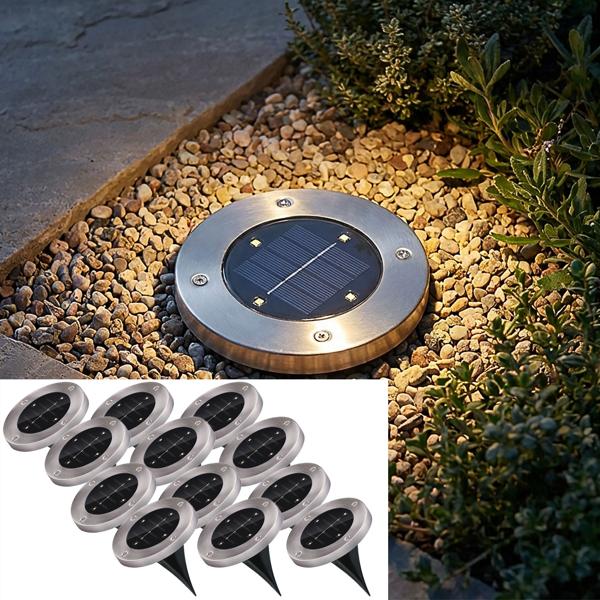 set of 12 solar floor lights made of stainless steel, with ground spike, Ø 12 x 13 cm