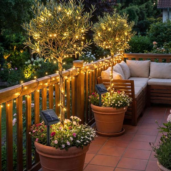 Set of 2 solar string lights with 8 lighting modes and dusk sensor, 12 m, 100 LEDs, IP44