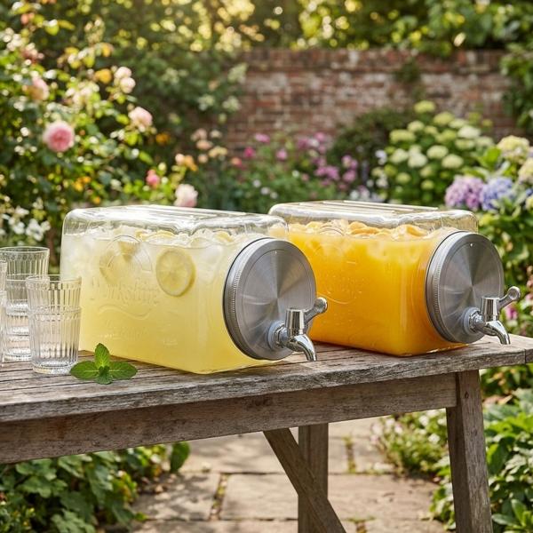 Set de 2 distributeurs de boissons en verre – capacité 3 litres chacun avec robinet & couvercle – idéal pour punch, limonade & eau – hygiénique & élégant