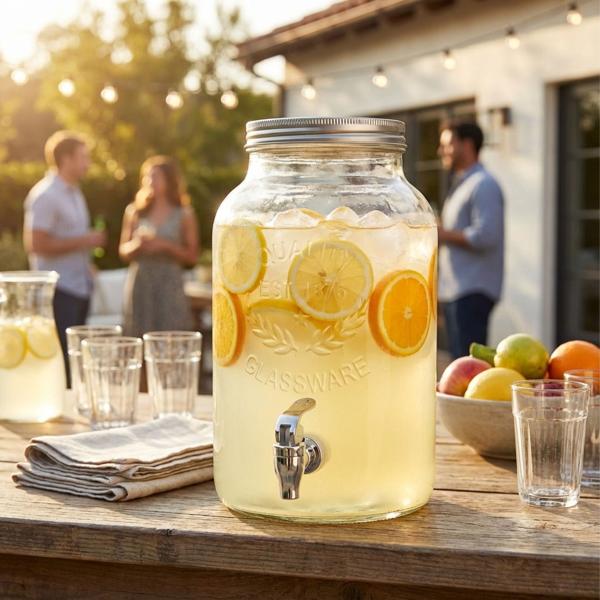 Glas Getränkespender 5.5L Zylinderform – Mit Zapfhahn & Deckel - Perfekt für Partys & Outdoor, sehr stylisch