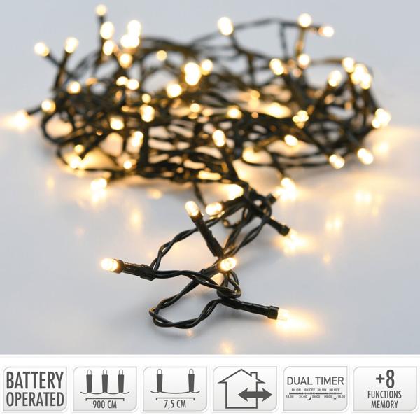 LED fairy lights with 8 light modes and timer, 9 m, battery-operated, IP44, warm white