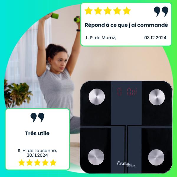 Pèse-personne, balance numérique, impédancemètre 14 en 1, en verre, avec Bluetooth et application, max. 180 kg, grand écran LED, compatible avec Apple Santé et Google Fit