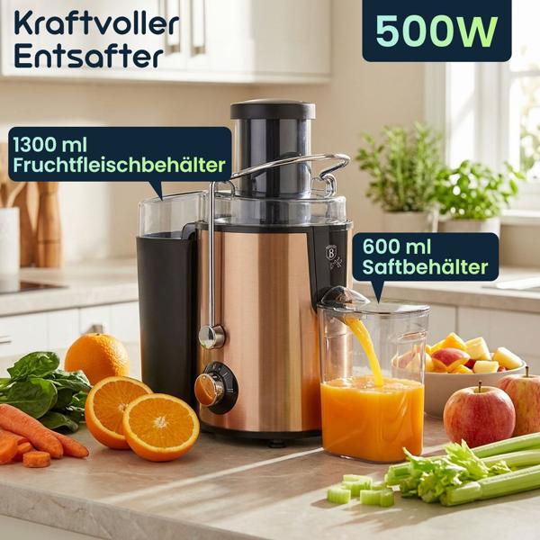 Kraftvoller Entsafter für Obst & Gemüse, 500W, großem Fruchtfleischbehälter & 600 ml Saftbehälter – edles Design in Roségold für frische Säfte