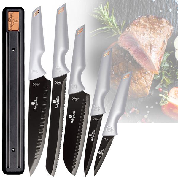 Set de 5 couteaux de cuisine professionnels gris-noir - Lames tranchantes, ergonomiques, avec barre magnétique - Acier inoxydable, sans PFOA/cadmium/plomb
